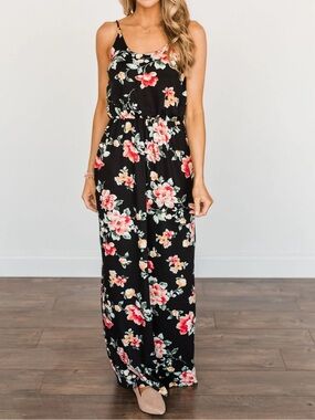 Floral Black Maxi Dress with Pink Bloom Print Adjustable straps